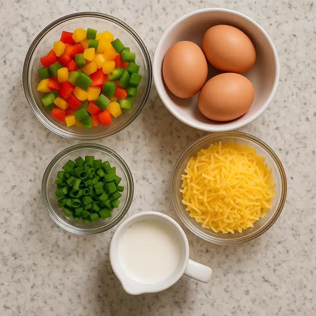 Ingredients for breakfast muffins in prep bowls
