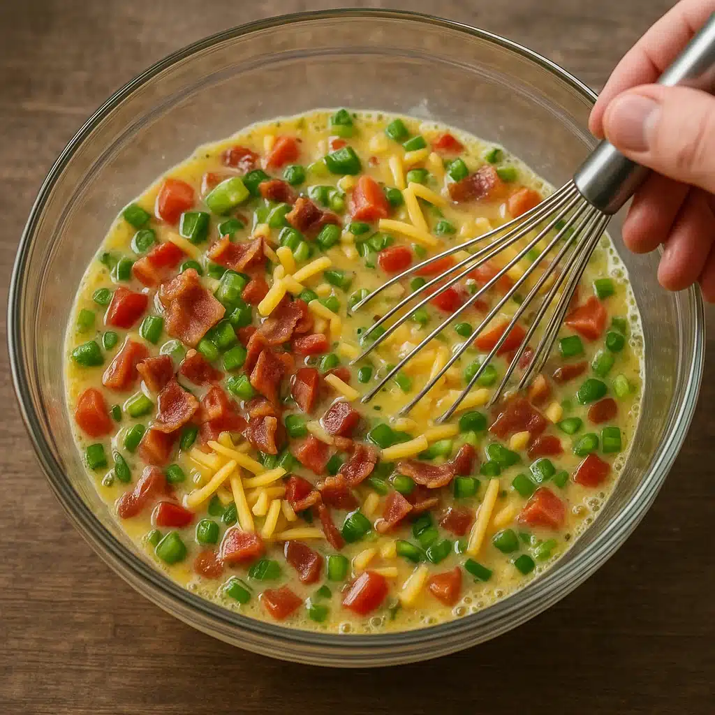Egg mixture with cheese and vegetables in a bowl