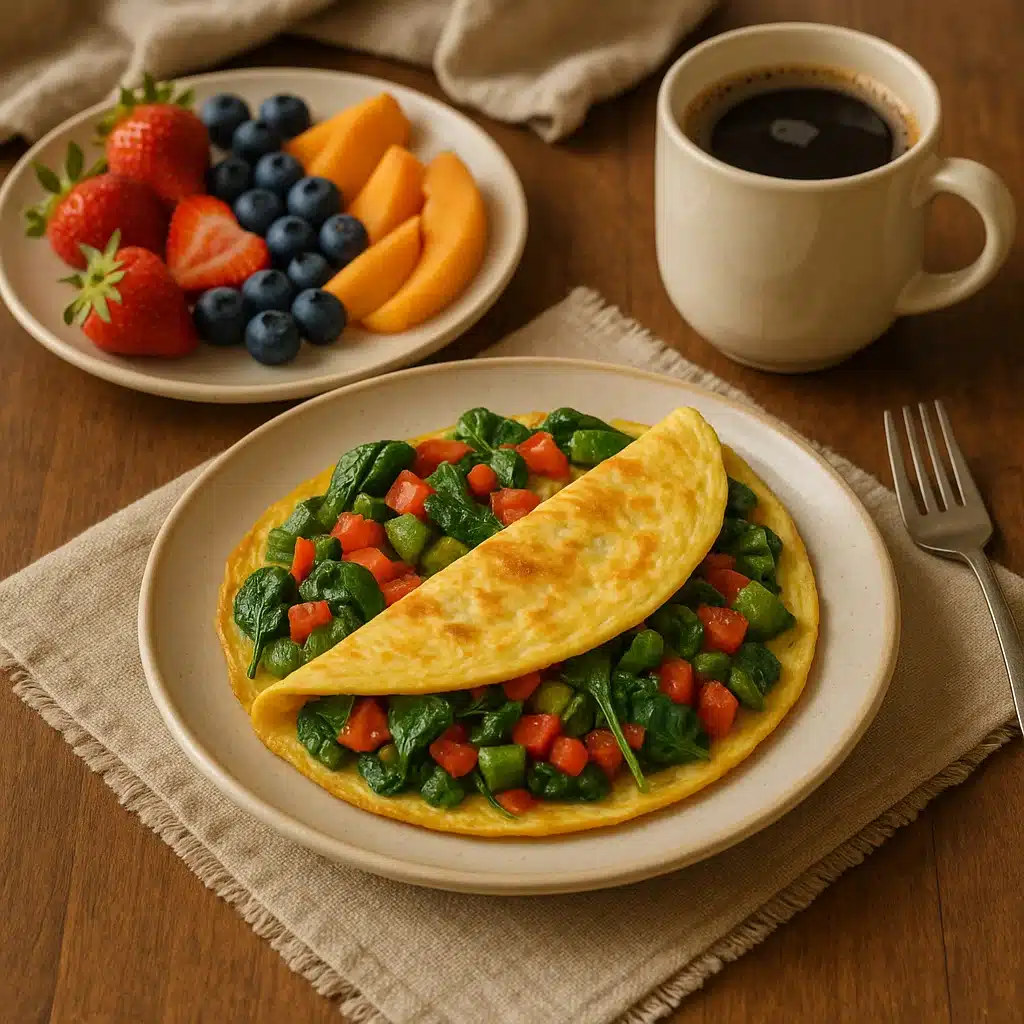 Served breakfast muffins with fruit and coffee