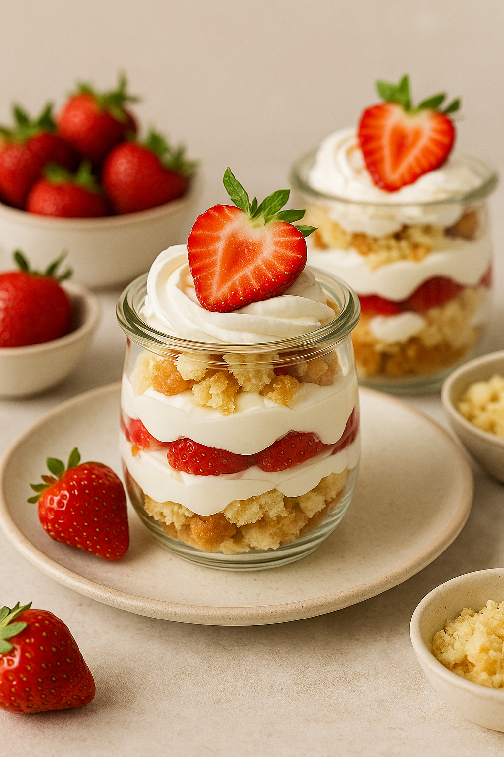Mini strawberry shortcake jars with whipped cream, biscuit crumbles, and sliced strawberries topped with fresh mint.