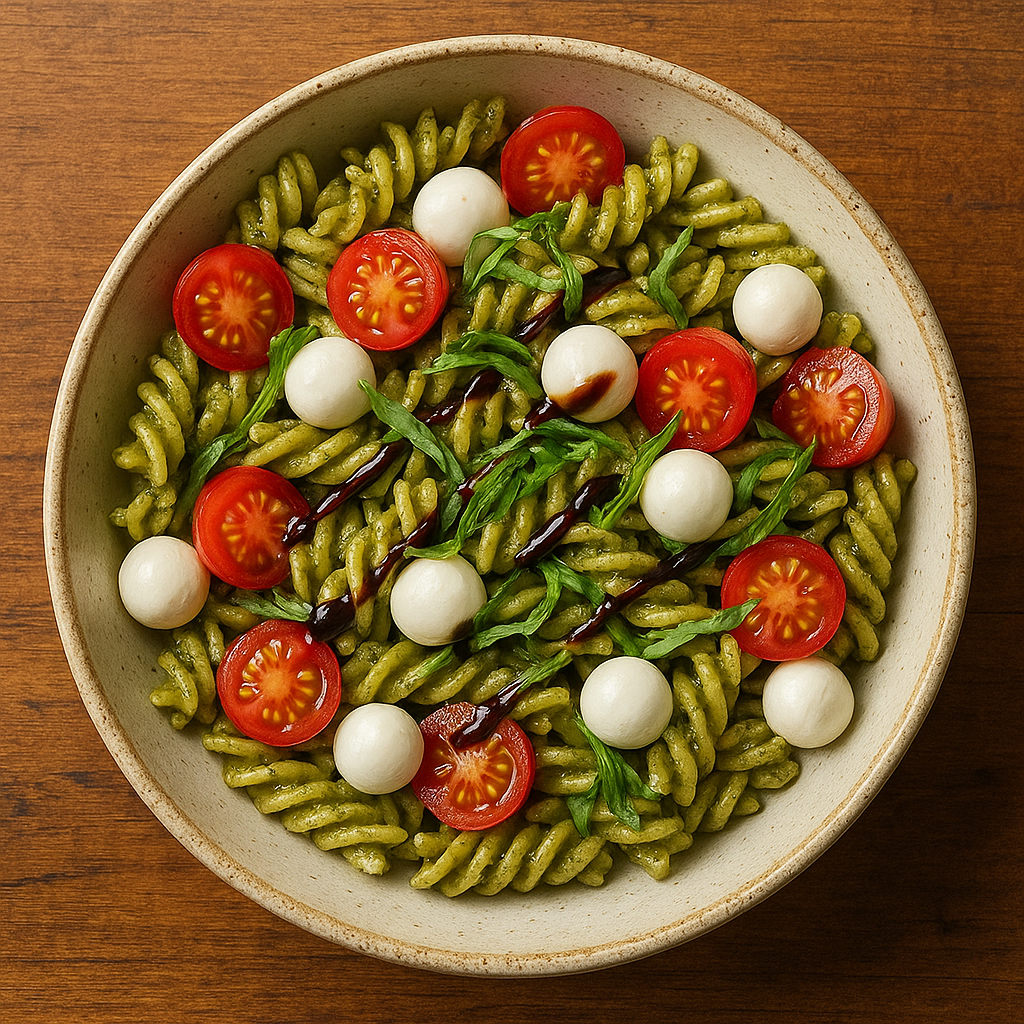 Caprese pesto pasta salad with mozzarella and cherry tomatoes