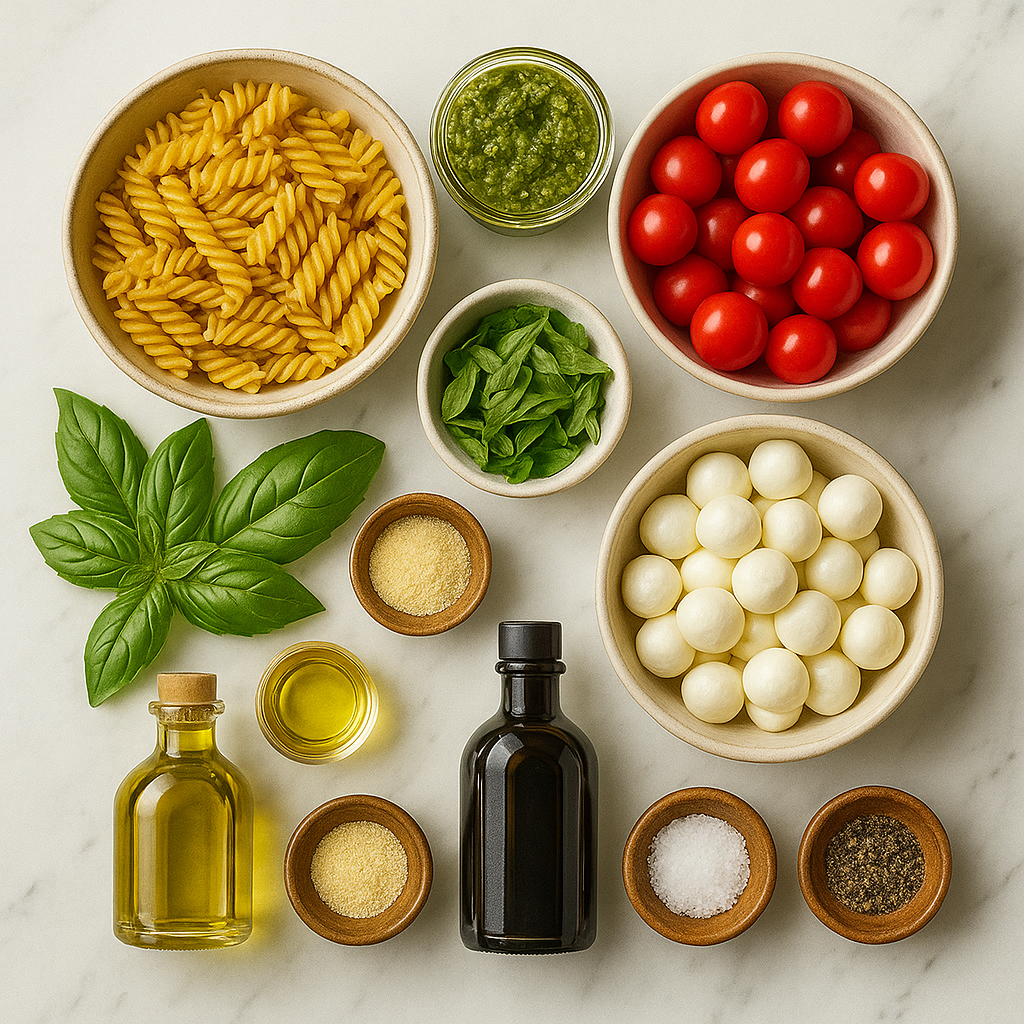 Mixing pesto with pasta and fresh Caprese ingredients