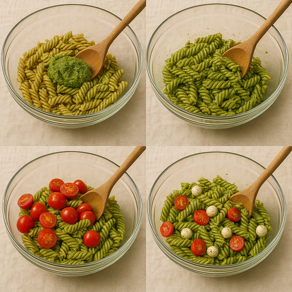Mixing pesto with pasta and fresh Caprese ingredients