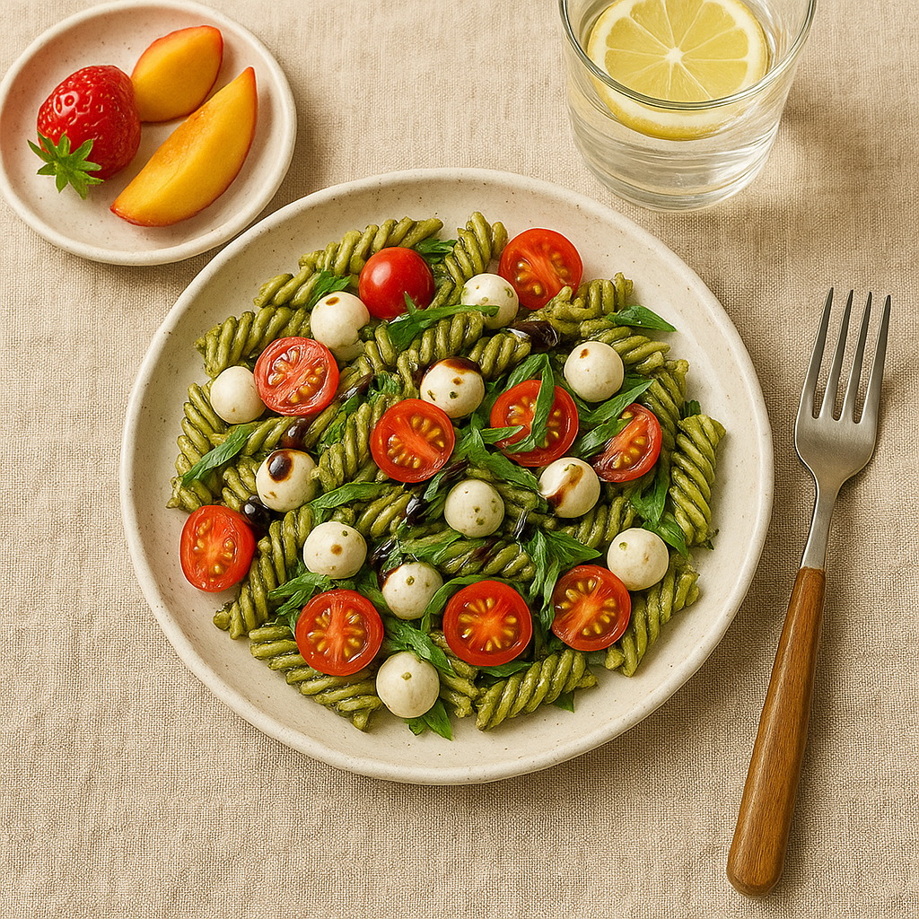 Summer serving idea for Caprese pesto pasta salad