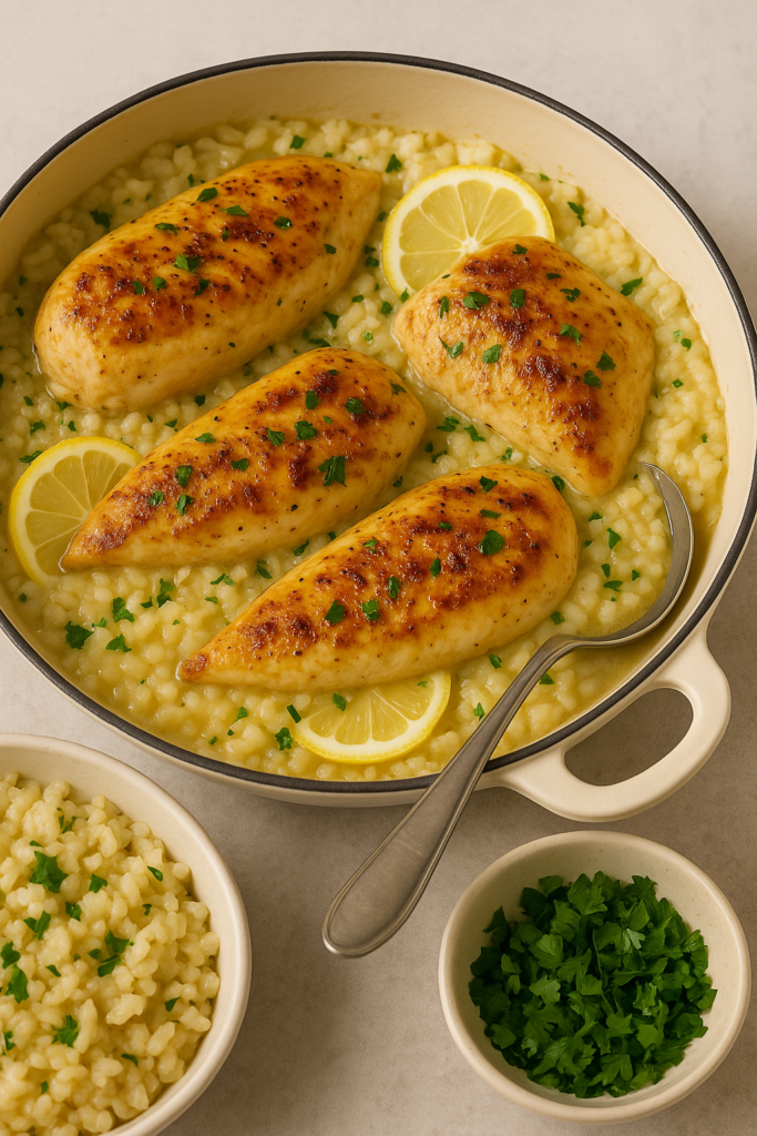 One-pot lemon garlic chicken with rice, featuring golden chicken breasts over creamy rice, garnished with lemon slices and fresh parsley.