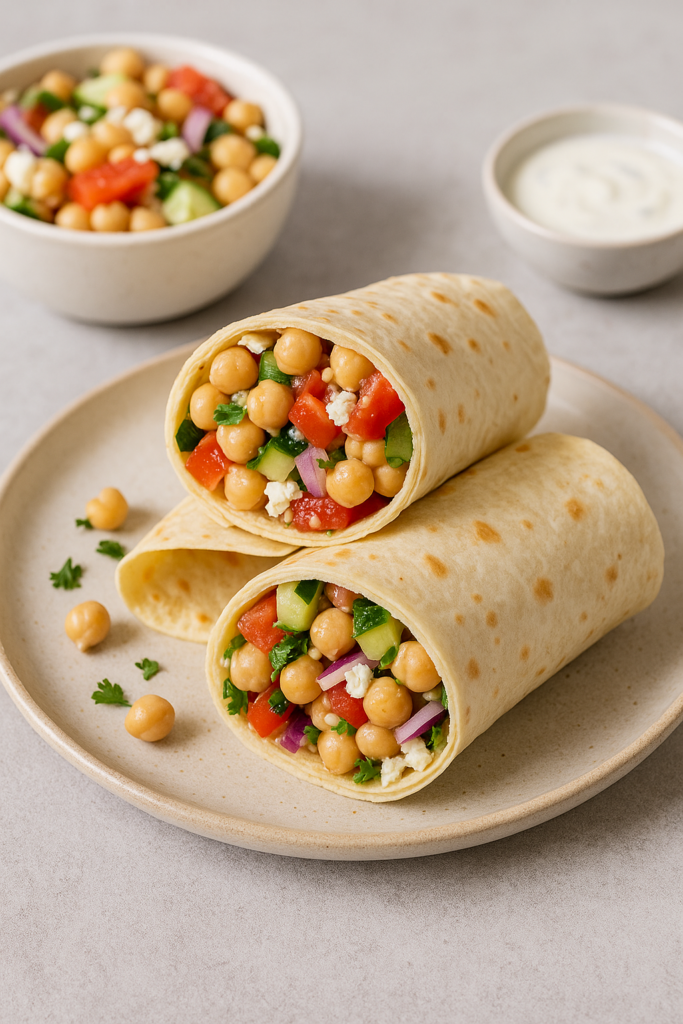 Mediterranean chickpea salad wrap sliced in half on a beige ceramic plate, filled with chickpeas, tomatoes, cucumber, red onion, and feta.