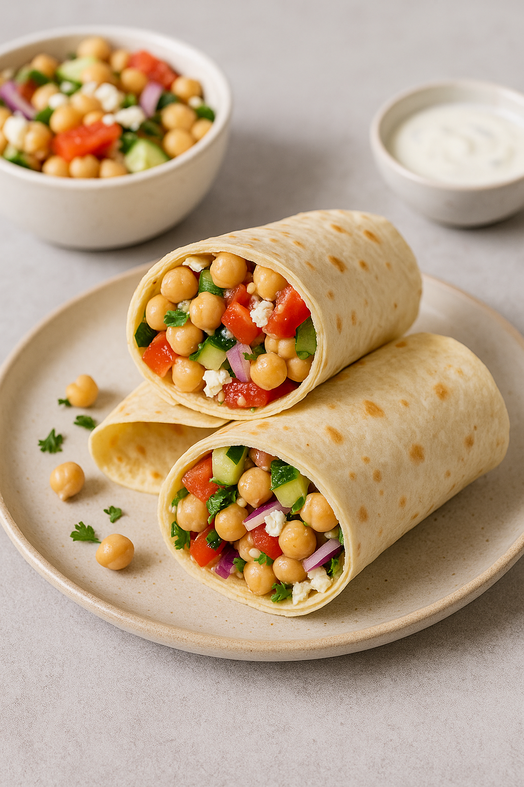 Mediterranean chickpea salad wrap sliced in half on a beige ceramic plate, filled with chickpeas, tomatoes, cucumber, red onion, and feta.