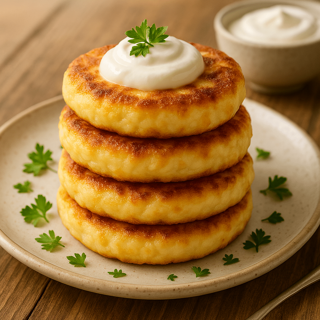 Cheese pancakes with sour cream and herbs