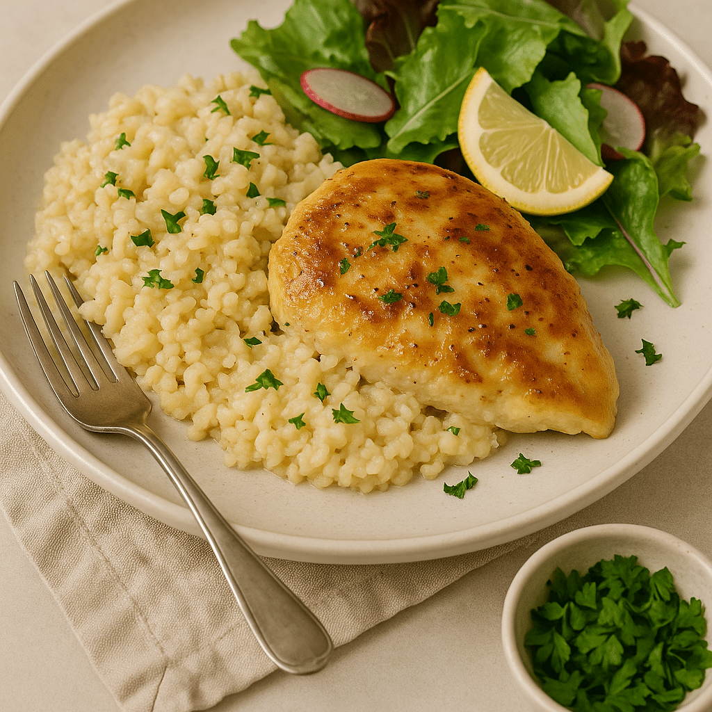 Chicken and rice plated with parsley garnish