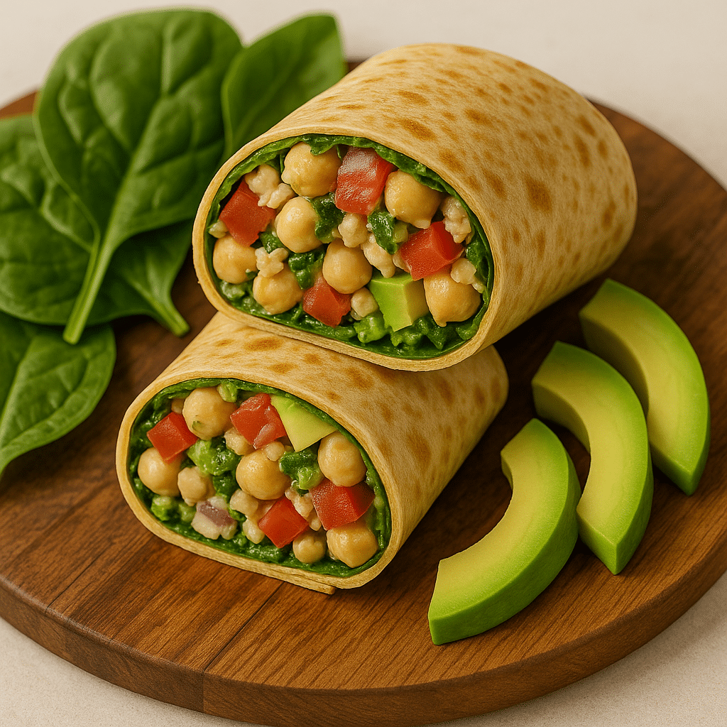 Chickpea salad wrap with spinach and avocado