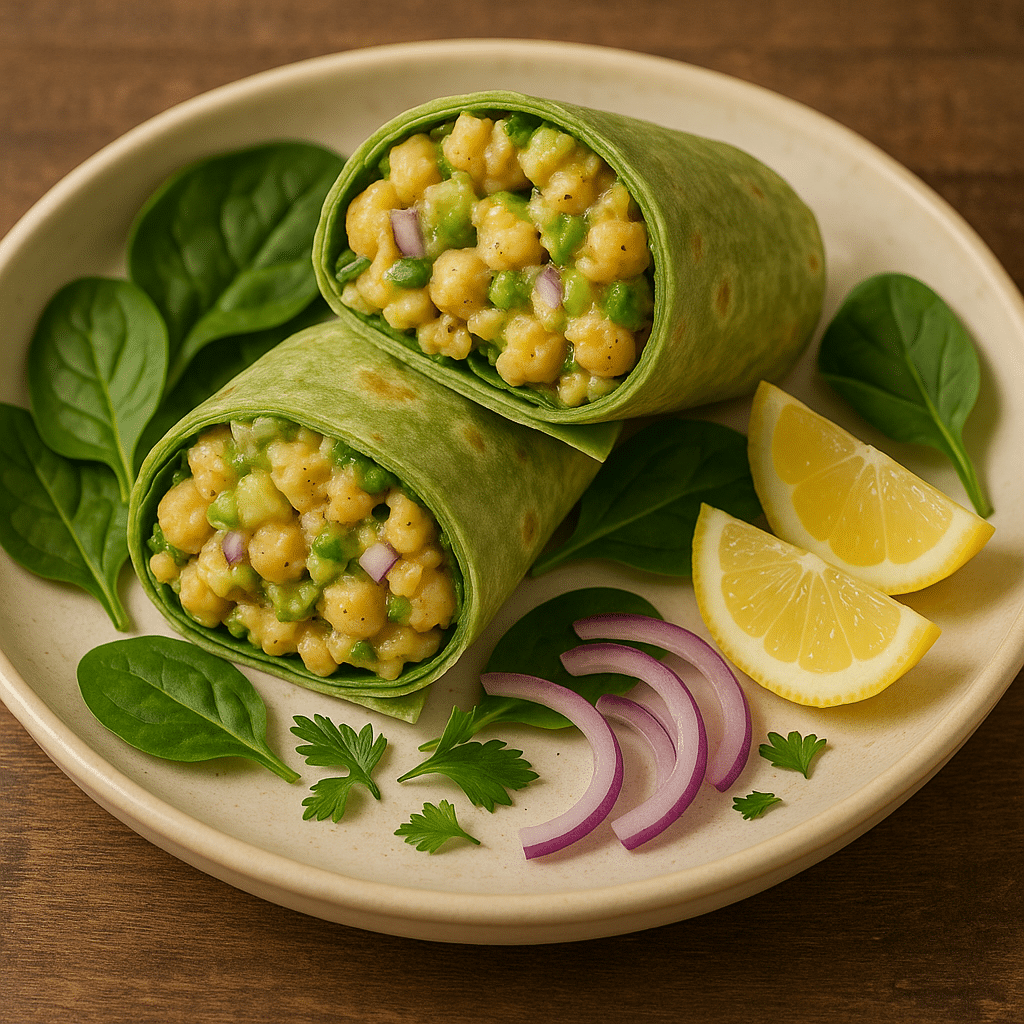 Plated chickpea salad wrap with garnish