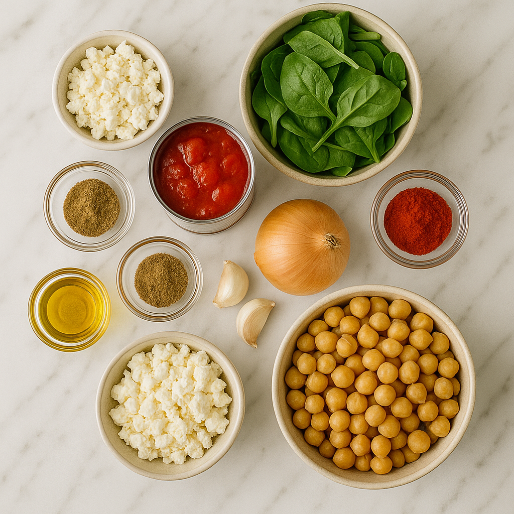 ingredients for Mediterranean chickpea stew on a wooden board