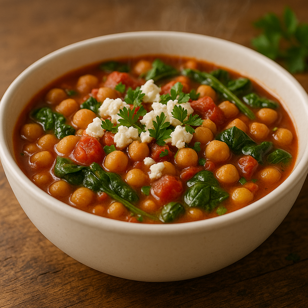 bowl of Mediterranean chickpea stew with feta and parsley