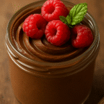 chocolate avocado mousse with raspberries in glass jar