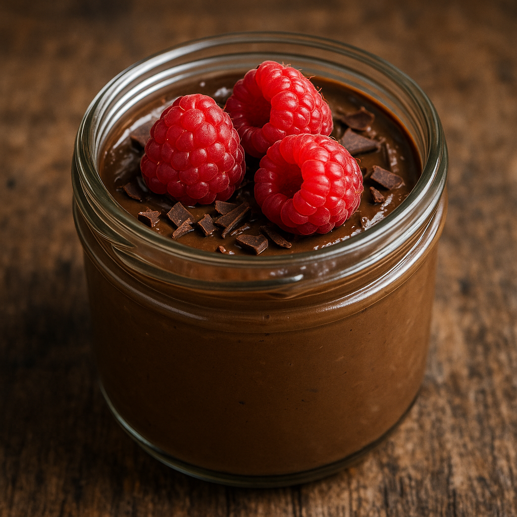 glass jar of chocolate avocado mousse with raspberries