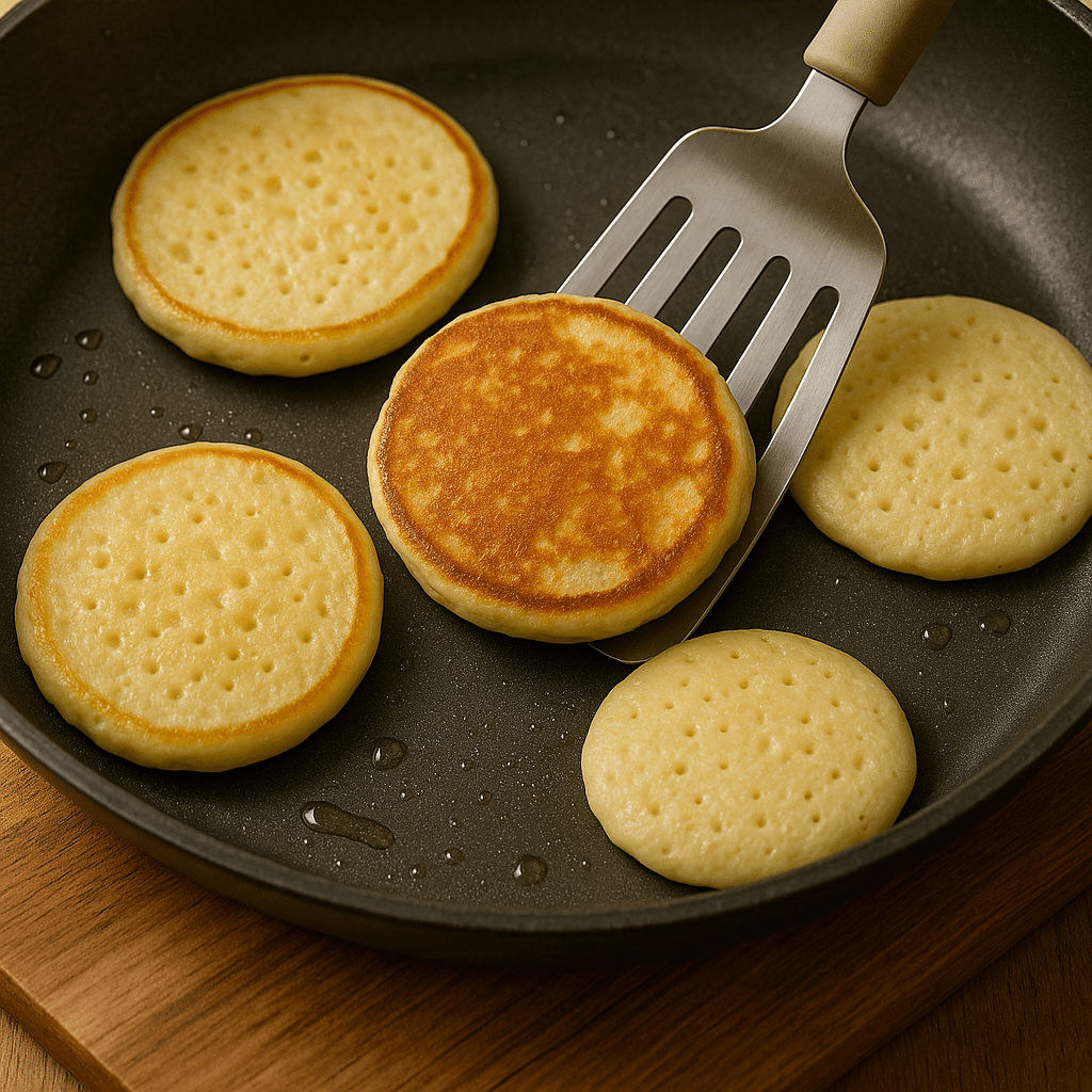 Banana pancakes cooking in skillet during breakfast prep