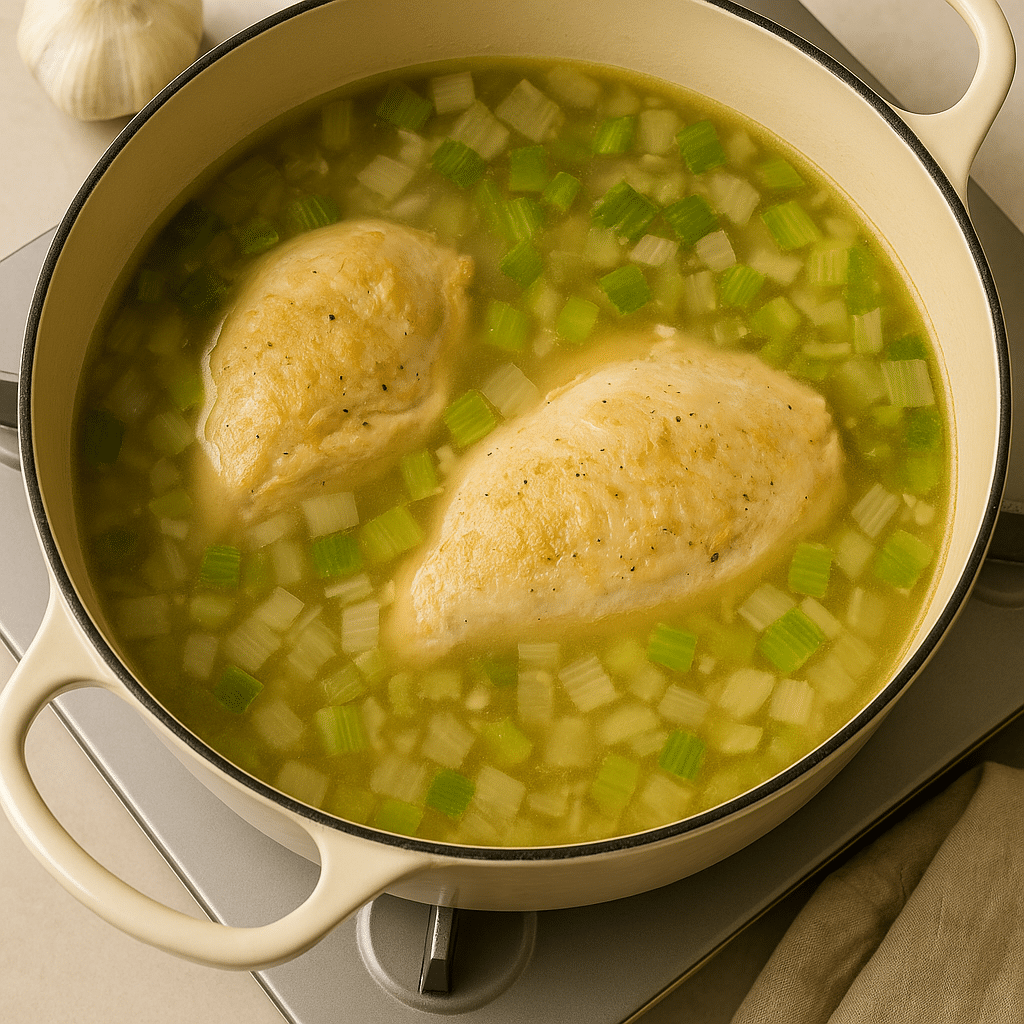 Simmering chicken and vegetables in a pot