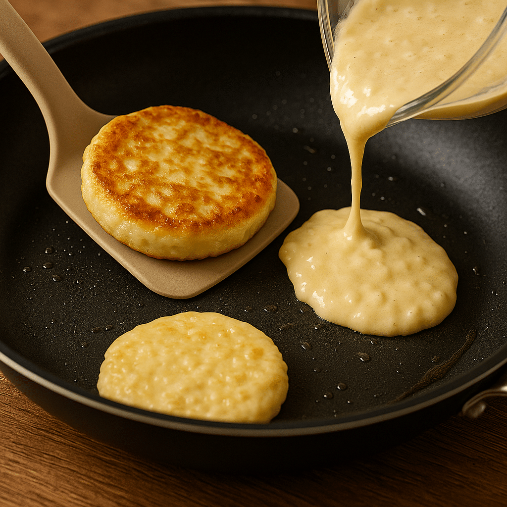 Cooking cheese pancakes in a skillet