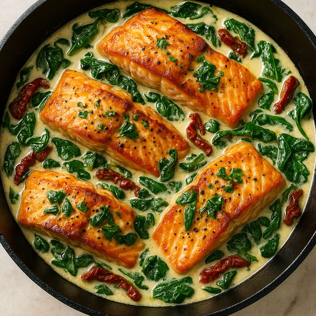 creamy garlic butter Tuscan salmon in skillet