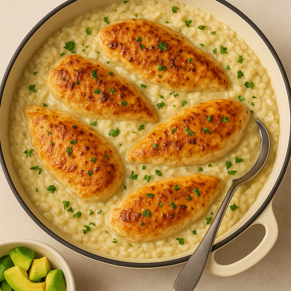 Creamy garlic chicken and rice in skillet