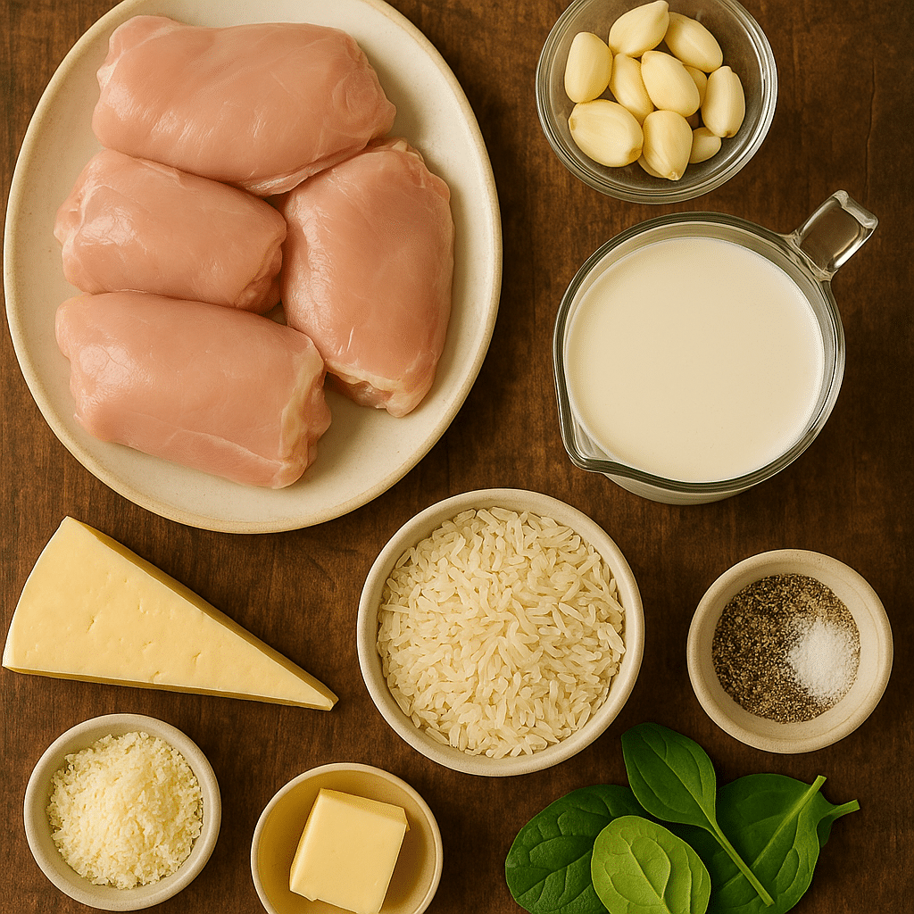 Ingredients for creamy garlic chicken and rice
