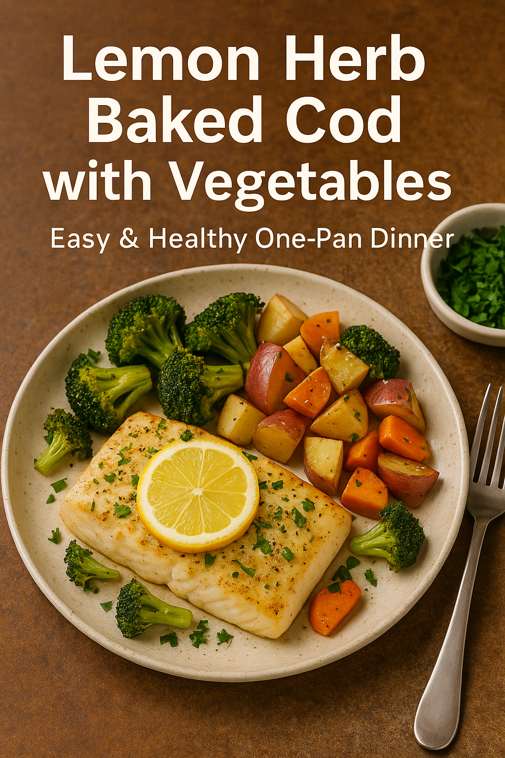 A baked cod fillet topped with lemon slices, served with roasted potatoes, carrots, and broccoli on a beige ceramic plate.