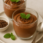 Two servings of rich, creamy chocolate avocado mousse topped with fresh raspberries and a sprinkle of cocoa powder, served in small glass bowls.