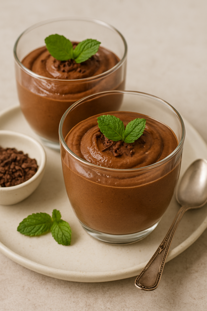 Two servings of rich, creamy chocolate avocado mousse topped with fresh raspberries and a sprinkle of cocoa powder, served in small glass bowls.