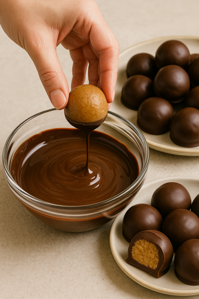 Dipping almond butter bite in chocolate