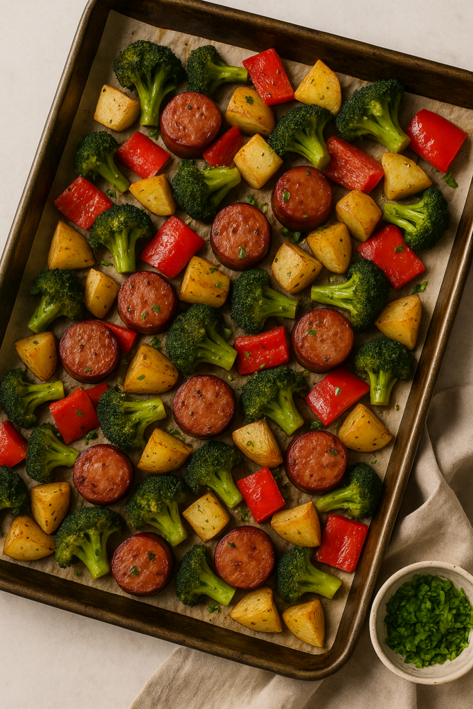 A roasted sheet pan filled with sausage slices, broccoli florets, red peppers, and golden potato cubes on parchment paper.