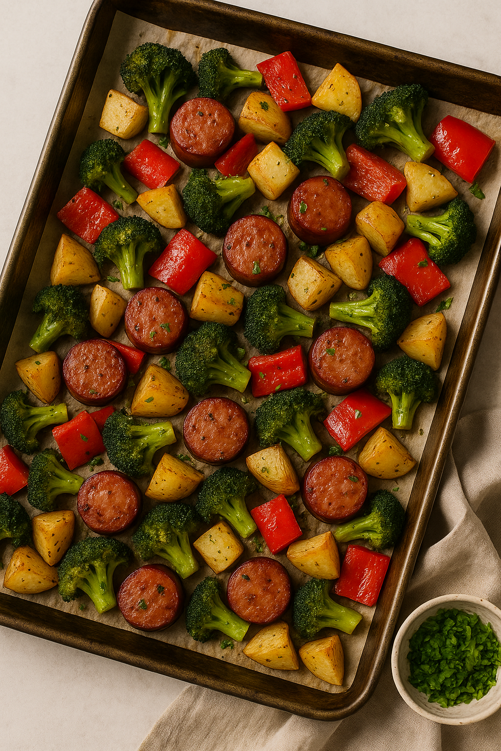A roasted sheet pan filled with sausage slices, broccoli florets, red peppers, and golden potato cubes on parchment paper.
