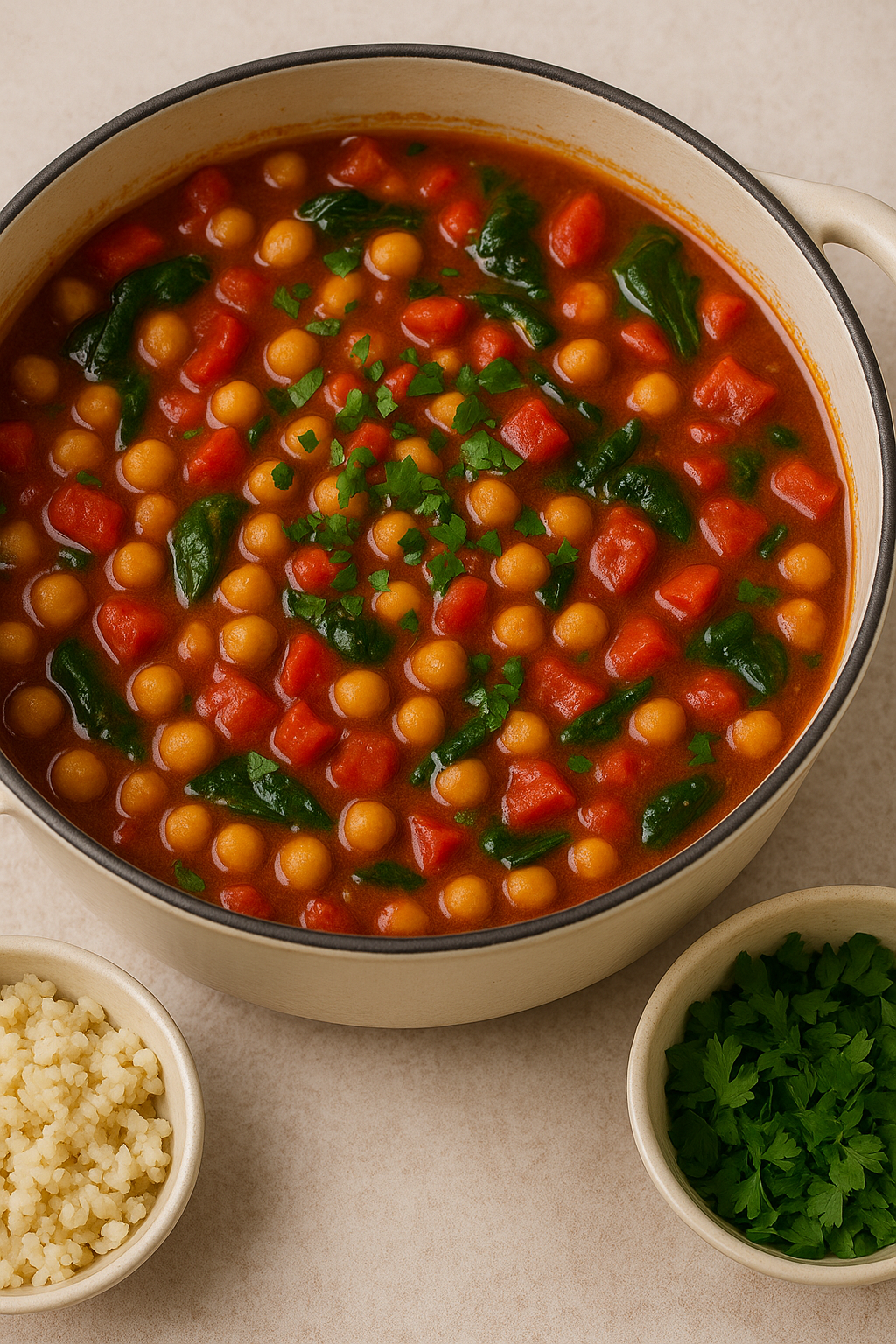 A close-up view of a Mediterranean chickpea stew with chickpeas, bell peppers, and tomatoes in a rich, spiced tomato broth, garnished with fresh parsley.