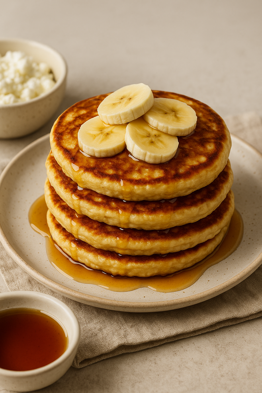 A stack of golden-brown cottage cheese pancakes topped with fresh banana slices and drizzled with maple syrup, served on a rustic ceramic plate with a bowl of syrup on the side.