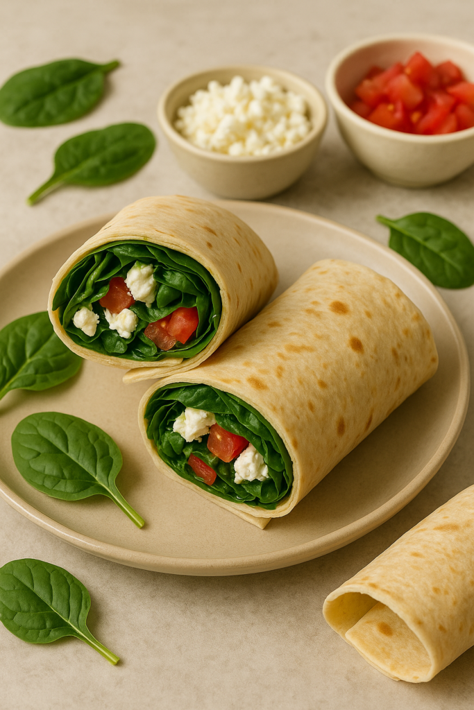 Spinach feta wrap, cut in half to reveal fresh spinach, creamy feta, and diced tomatoes, served on a beige ceramic plate.