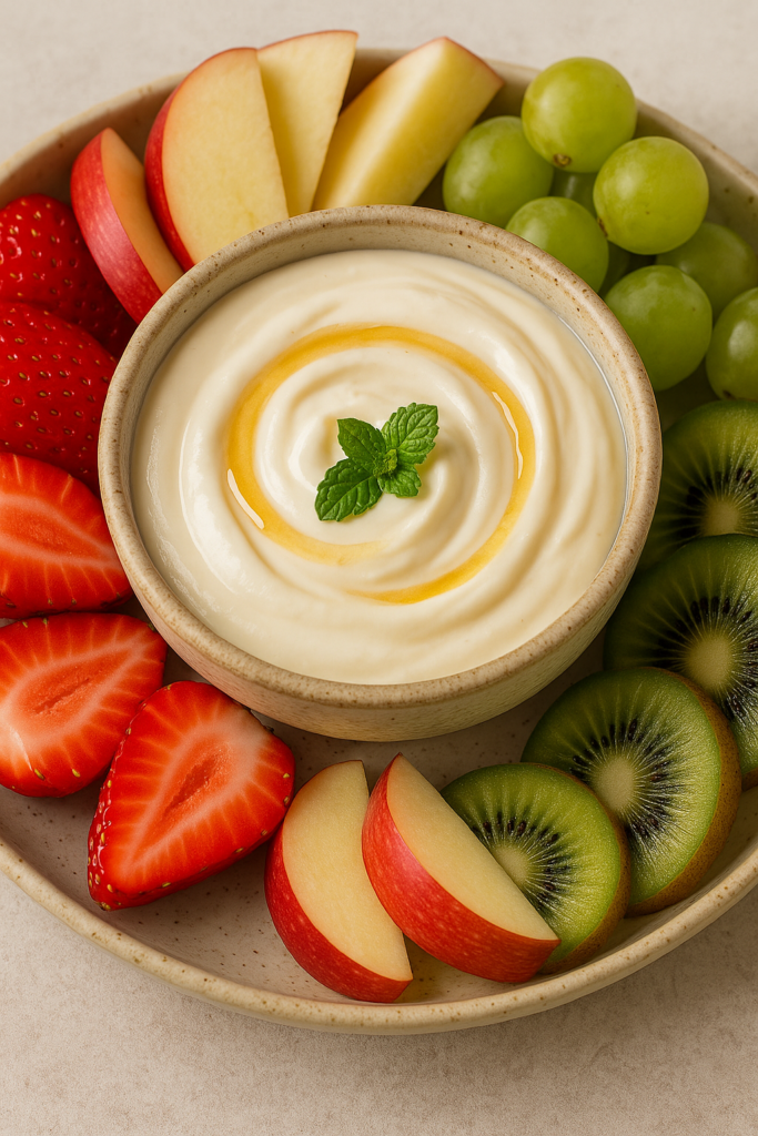 creamy honey yogurt dip served with fresh strawberries