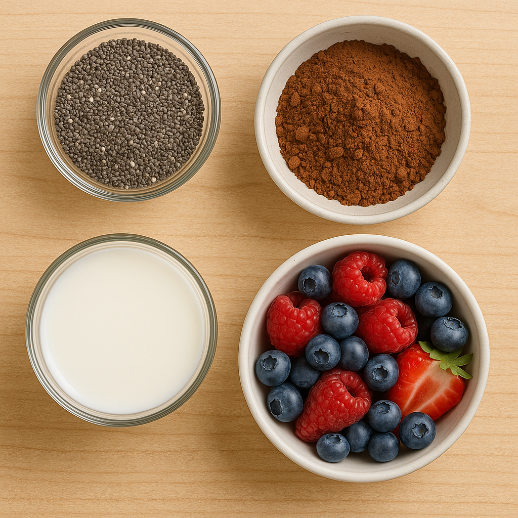 homemade chocolate chia pudding topped with fresh berries