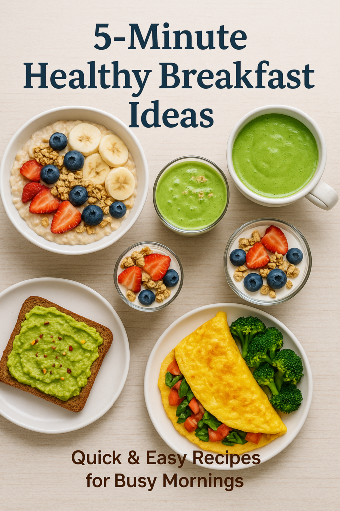 Healthy breakfast options including avocado toast, smoothie, overnight oats, and yogurt parfait.