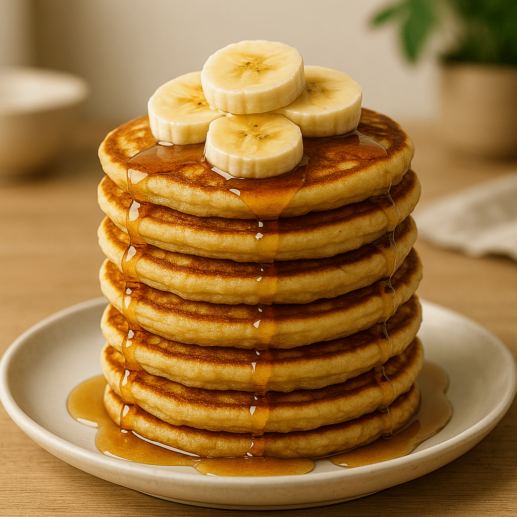 Fluffy banana pancakes topped with sliced bananas and syrup