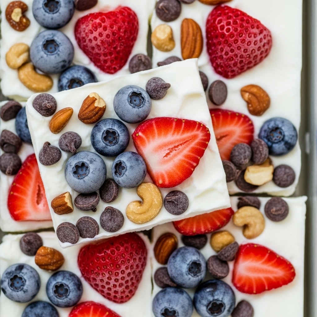 Frozen Greek Yogurt Bark topped with fruits and nuts