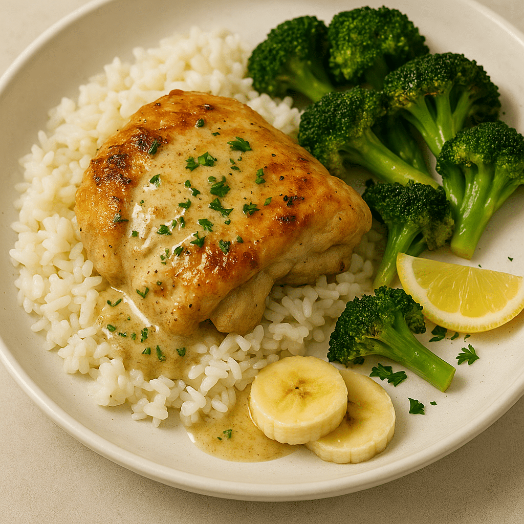 Plated creamy garlic chicken with rice and broccoli
