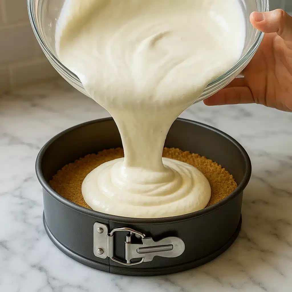 Pouring cheesecake filling into pan