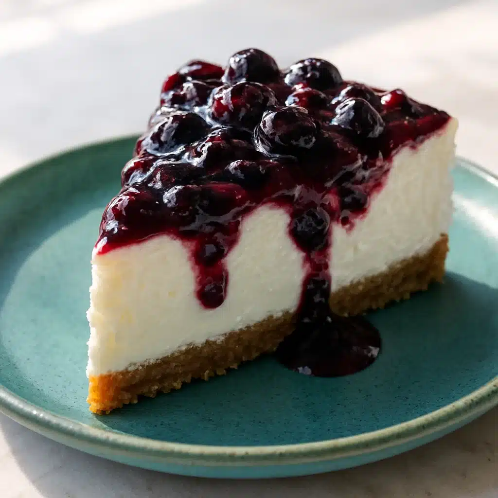Greek yogurt cheesecake topped with berry compote
