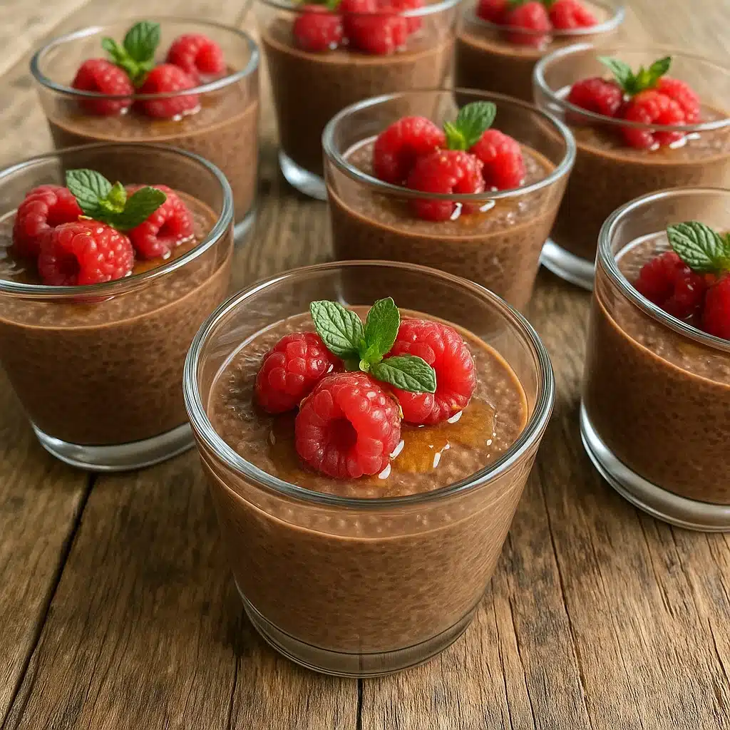 Greek yogurt chocolate chia pudding with raspberries