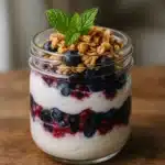 Greek yogurt dessert recipes and layered berry parfait in glass jar