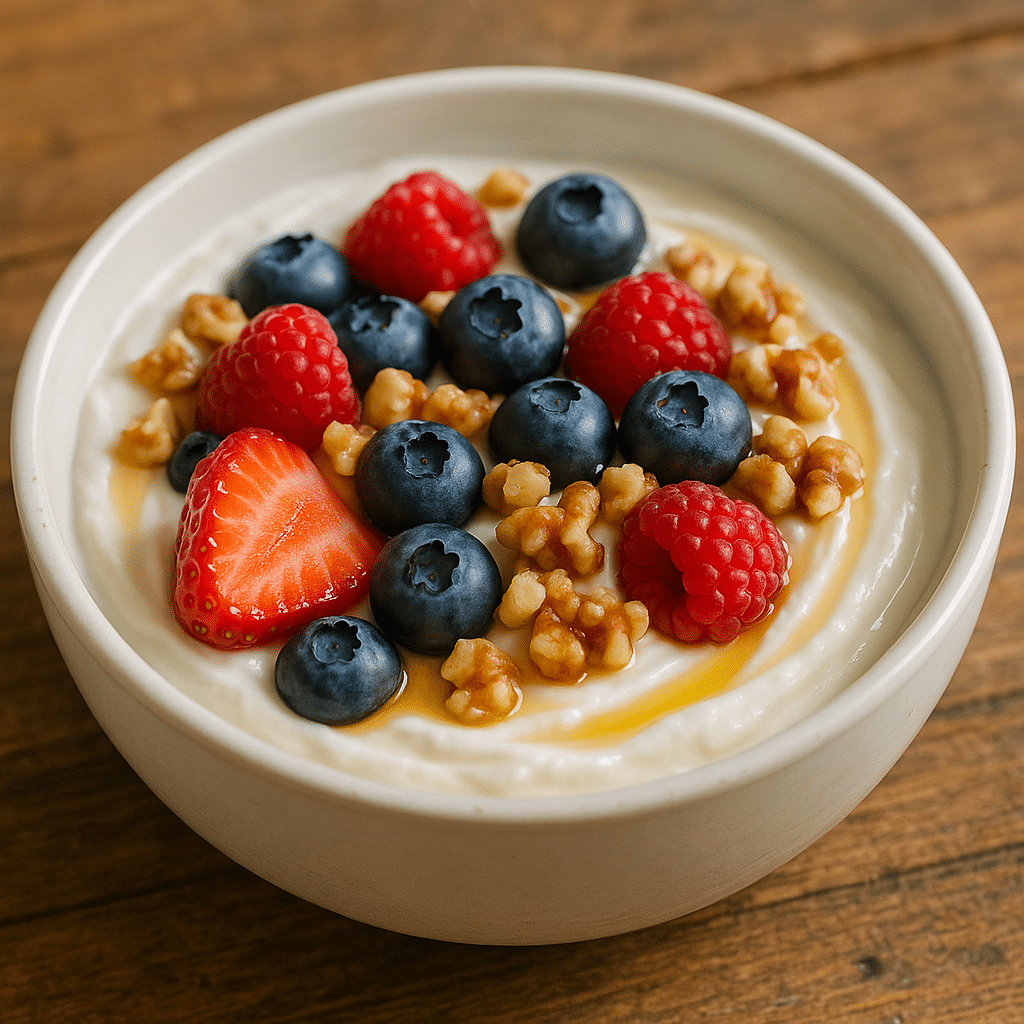 Greek yogurt with berries, honey, and walnuts in a breakfast bowl