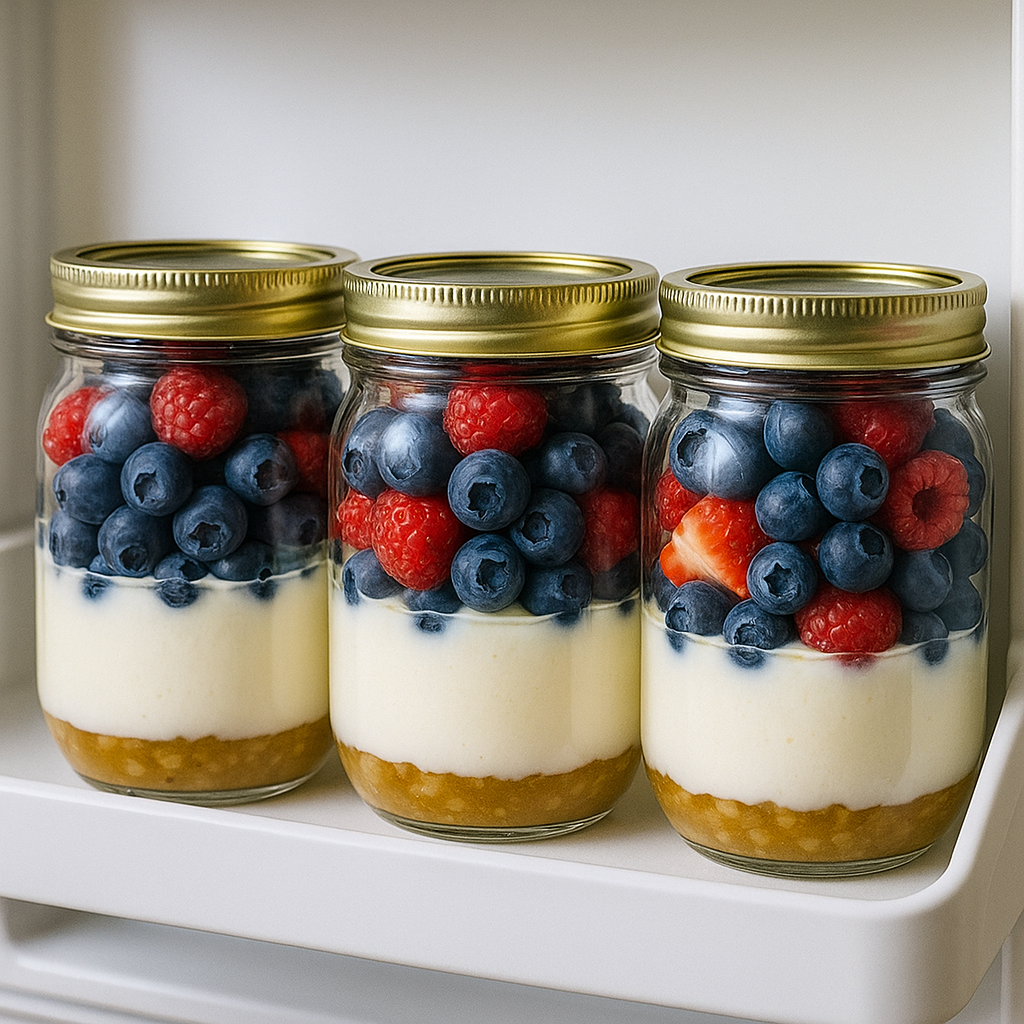 Meal prep jars of Greek yogurt with berries in refrigerator