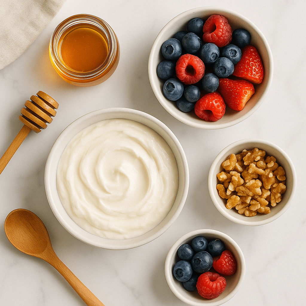 Greek yogurt with berries, chia, and almonds