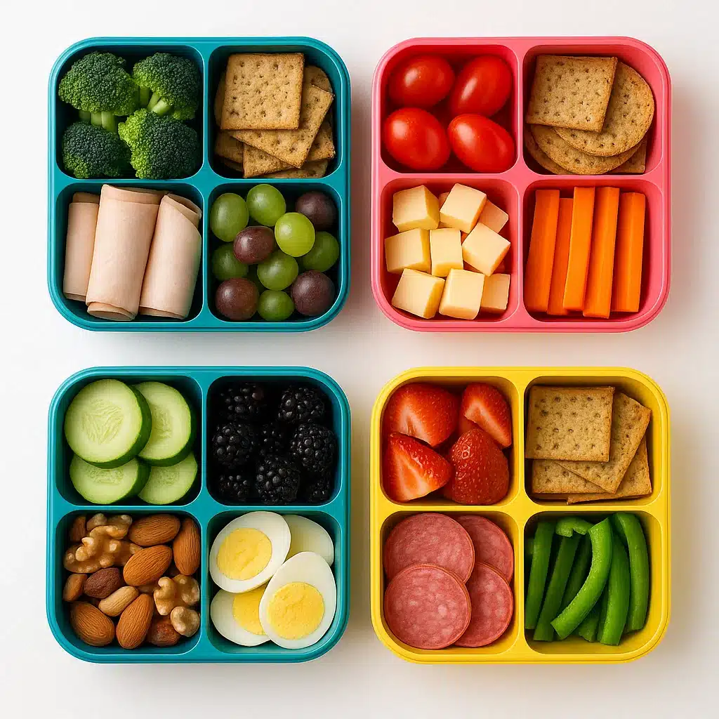 Healthy packed lunch bento boxes with protein and veggies