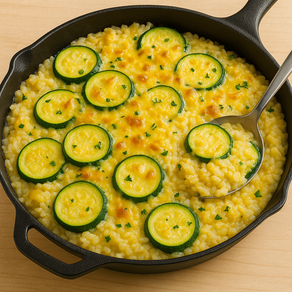 homemade cheesy zucchini rice skillet with melted cheddar cheese