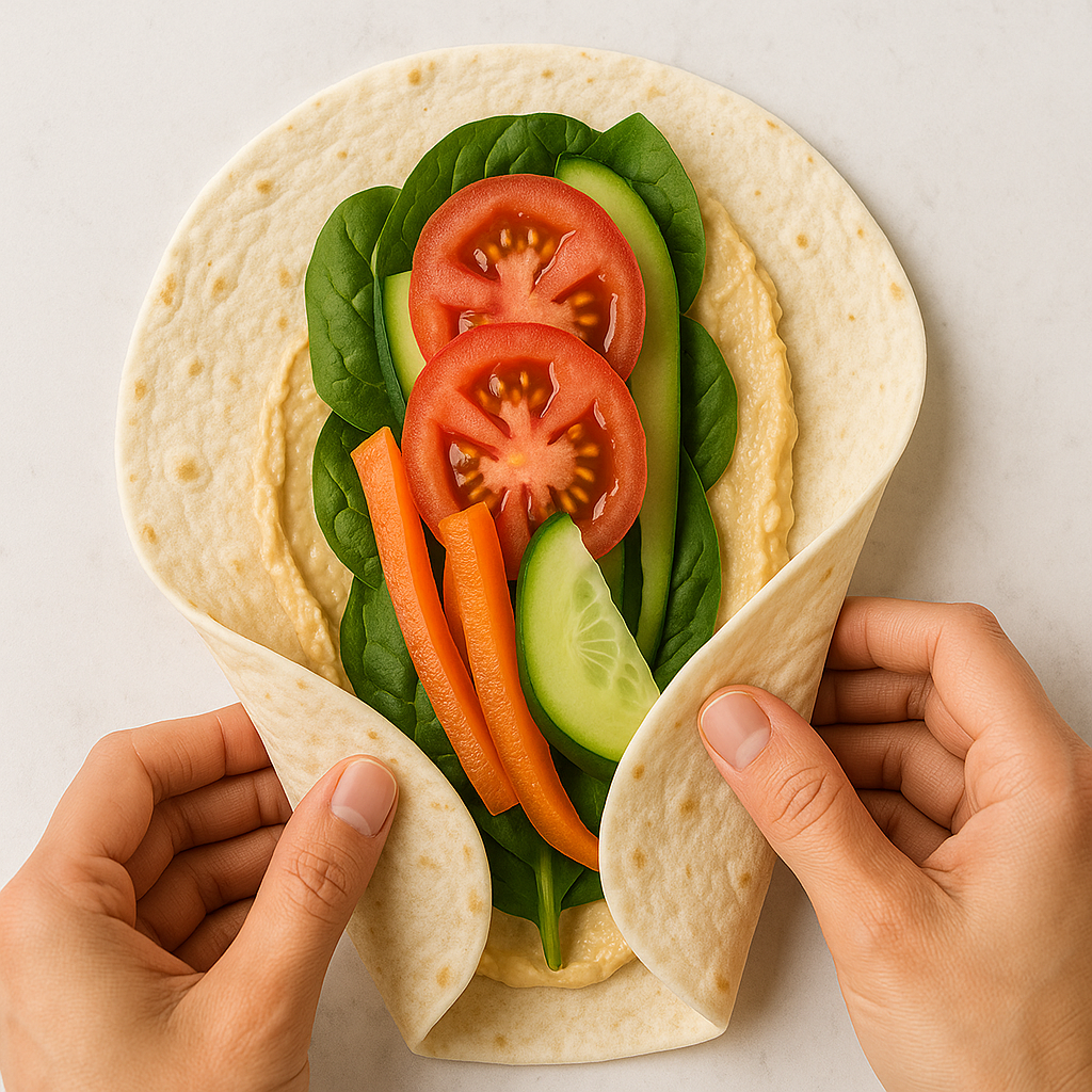 Rolling a veggie and hummus wrap step by step